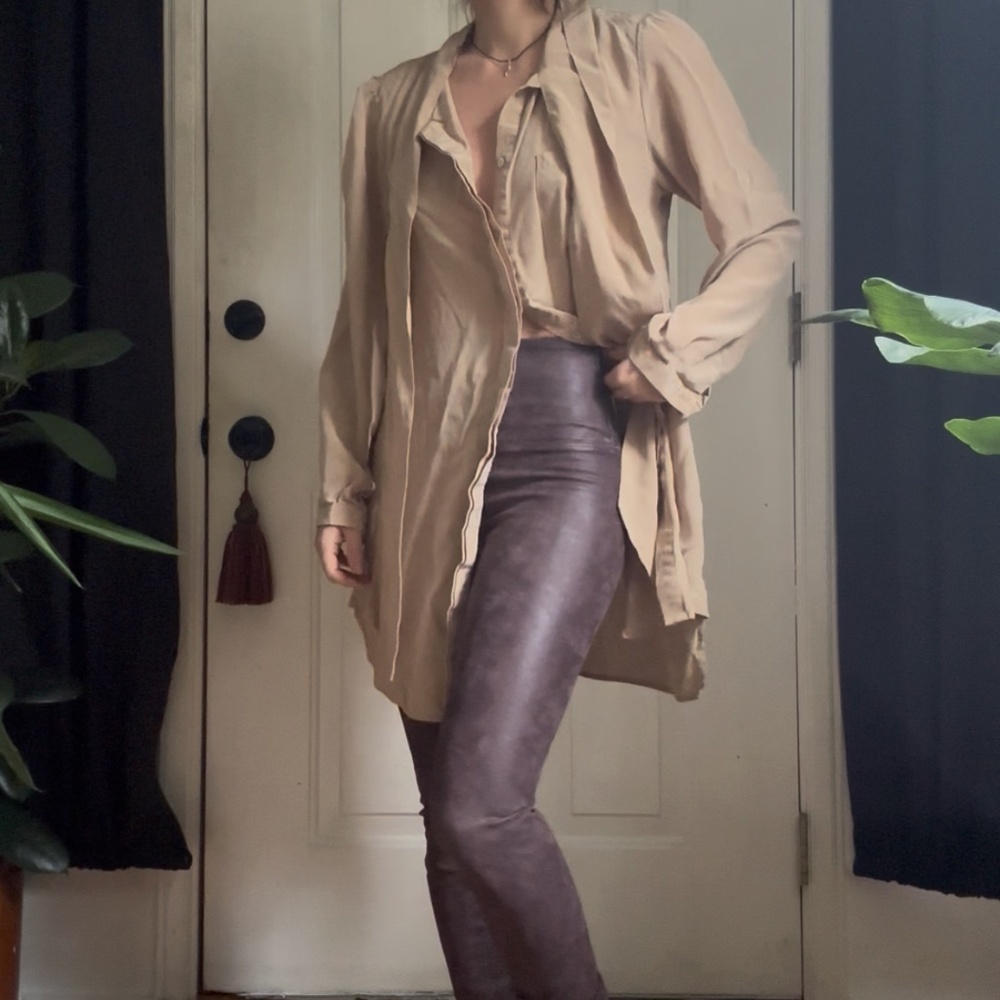 Tan Silk Tie Neck Dark Academia Dress Shirt Top Tunic